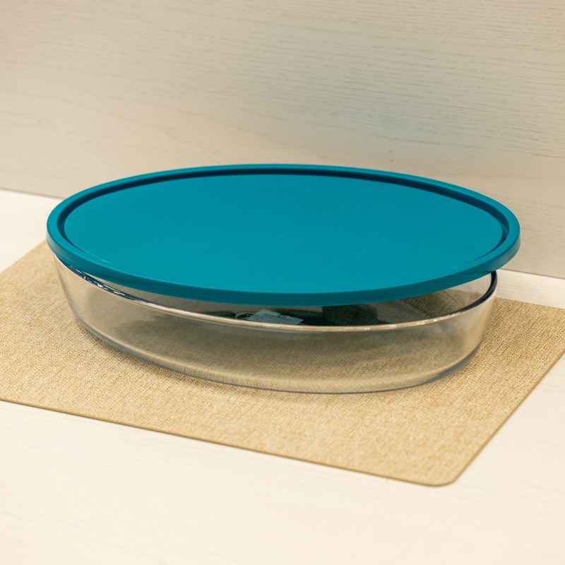346p00-plat-oval-3lk-couvercle-vert Plat de Cuisson en Verre avec Couvercle 35x24 cm – Image 1