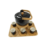 Service à thé ou café en céramique – Design noir marbré et base bois naturel
