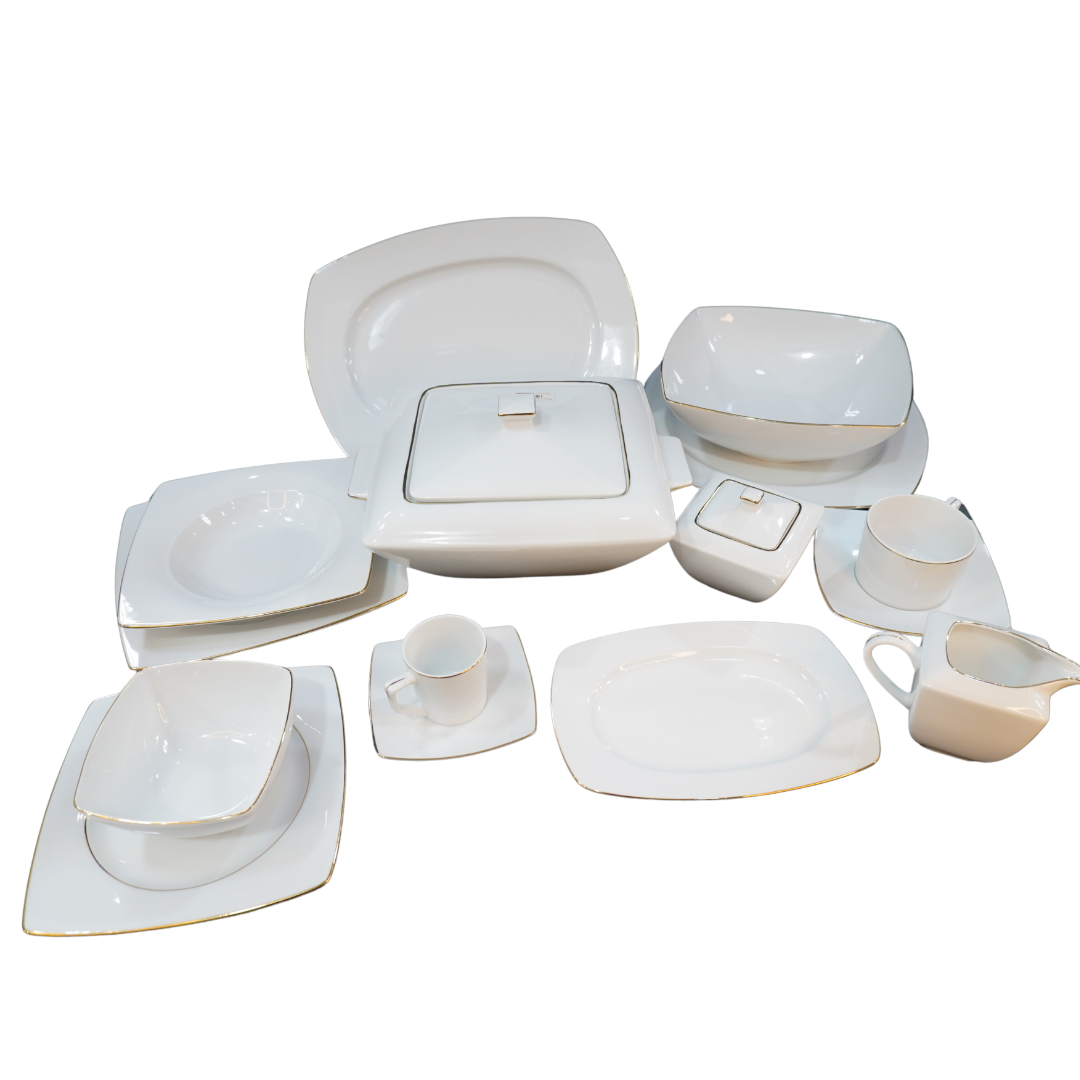18 Service de table porcelaine blanc carrée avec bord doré – Image 1