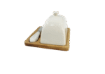 Beurrier en bambou avec couvercle en céramique blanche et couteau – Image 2
