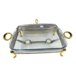 Soupière / Réchaud rectangulaire en inox avec poignées dorées – Image 2