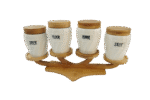 Set de 4 Bocaux en Céramique Blanche avec Couvercles en Bambou et Support