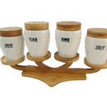 Set de 4 Bocaux en Céramique Blanche avec Couvercles en Bambou et Support