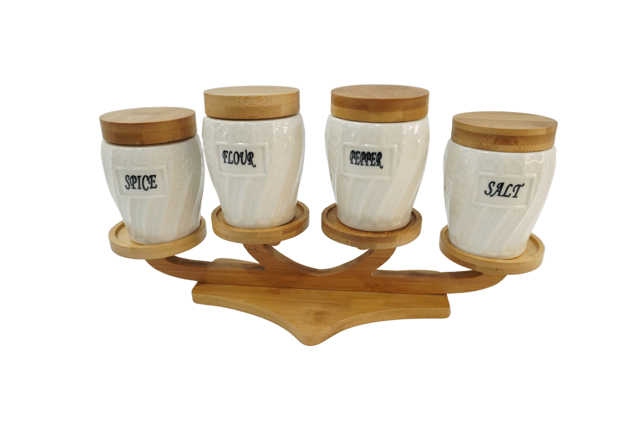 3b3a51d6-7480-4244-8897-524eaa7a2181 Set de 4 Bocaux en Céramique Blanche avec Couvercles en Bambou et Support – Image 1