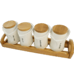 Set de bocaux à épices en céramique blanche avec couvercles en bambou – 4 pièces + support en bois