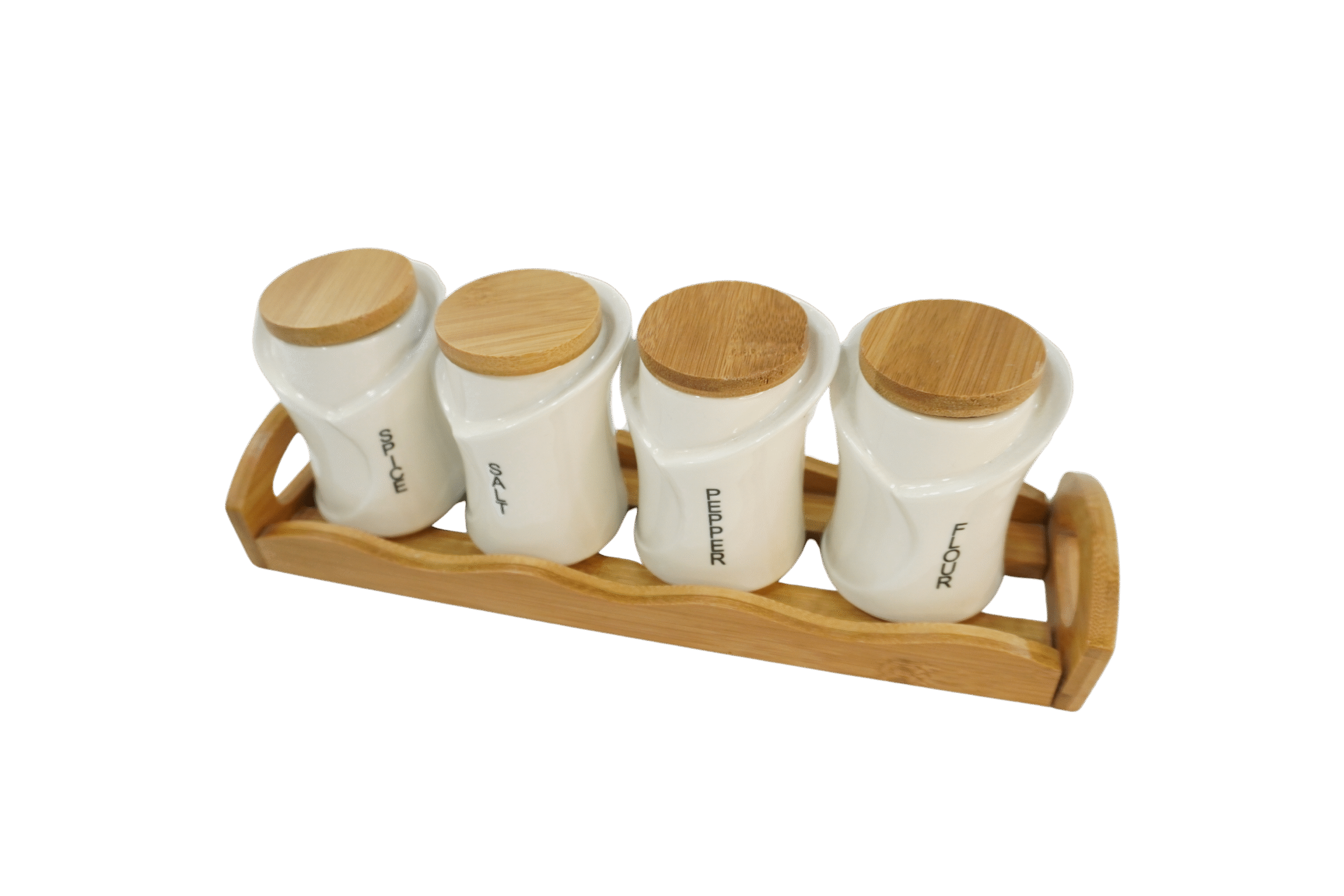 4a9c3be8-eb28-4bf8-8a81-6400042e1d6e Set de bocaux à épices en céramique blanche avec couvercles en bambou – 4 pièces + support en bois – Image 1