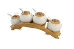 Set de Bocaux à Épices en Céramique avec Couvercles en Bambou – 4 pièces avec Support