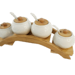 Set de Bocaux à Épices en Céramique avec Couvercles en Bambou – 4 pièces avec Support