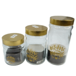 Série de 3 pots à épices en verre – Finition dorée avec design imprimé