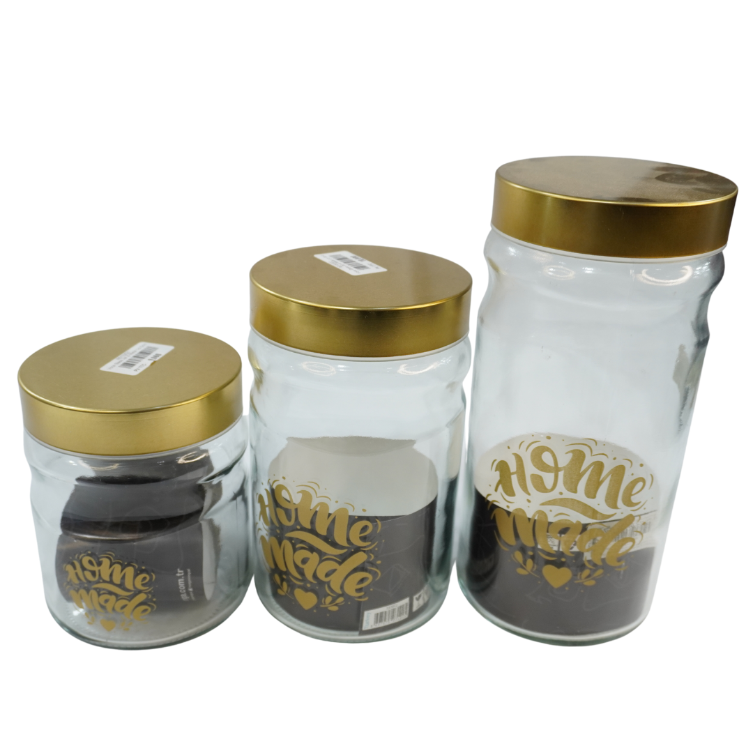 Modèle design (15) Série de 3 pots à épices en verre – Finition dorée avec design imprimé – Image 1