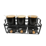Ensemble de pots à épices noir mat avec support en bois
