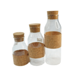 Série de 3 bouteilles en verre transparent avec bouchons en bois