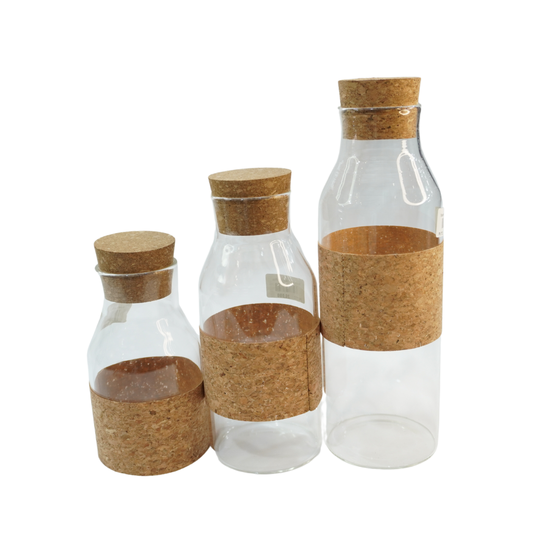 Modèle design (4) Série de 3 bouteilles en verre transparent avec bouchons en bois – Image 1