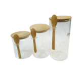 Lot de 3 pots à épices ronds – Verre transparent avec couvercles et cuillères en bois