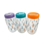 Série de 3 pots en verre – Couvercles colorés (orangé, bleu, violet)