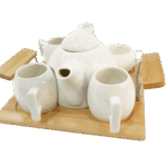 Service à Café & Thé – 4 Tasses en Céramique avec Théière et Support en Bois