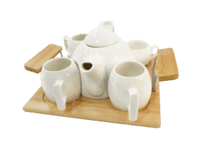 Service à Café & Thé – 4 Tasses en Céramique avec Théière et Support en Bois