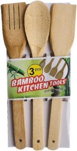 Lot de 3 ustensiles en bambou : cuillère, fourchette et spatule – Image 2